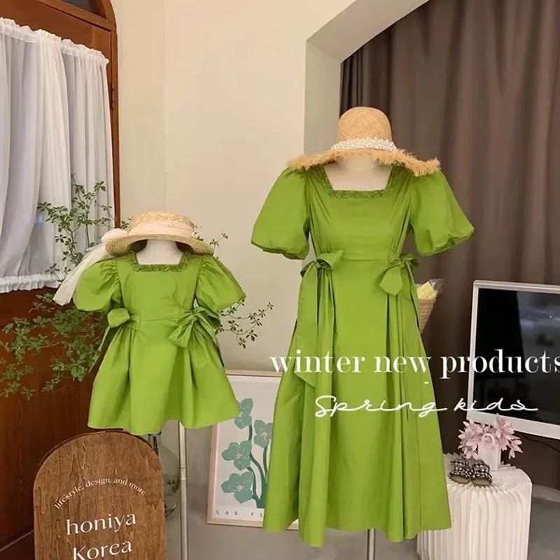 New Family Matching Clothes Spring Summer Shirt Cute Bow Mother Daughter Soft Cotton Dress Women Long Dress Baby Girl  Dress