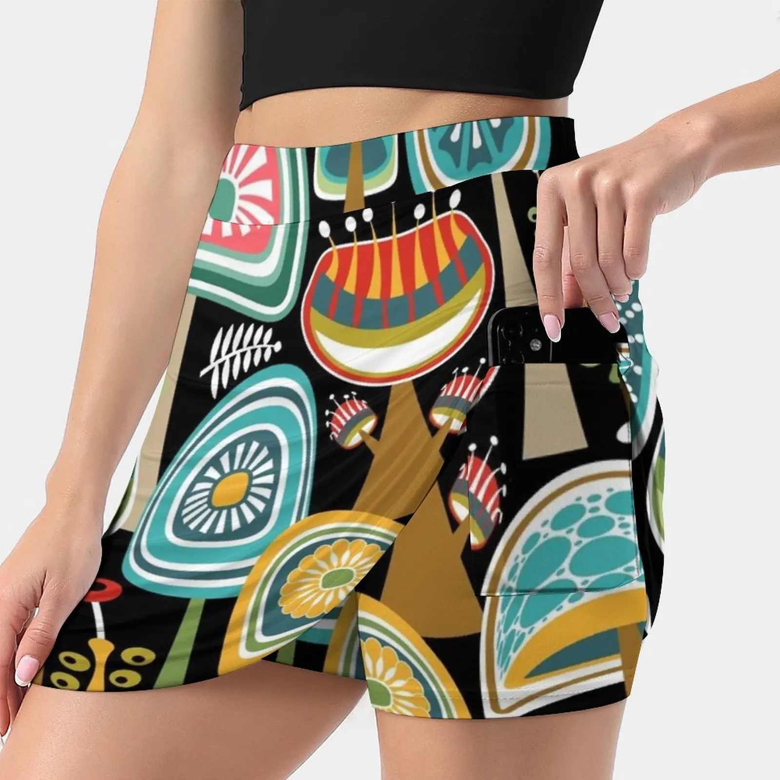 Colorful Mid Century Modern Mushrooms / / Large Scale Women's skirt With Hide Pocket Tennis Skirt Golf Skirts Badminton Skirts