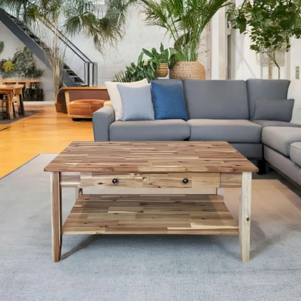 Acacia Solid Wood Coffee Table with Drawer and Bottom Shelf