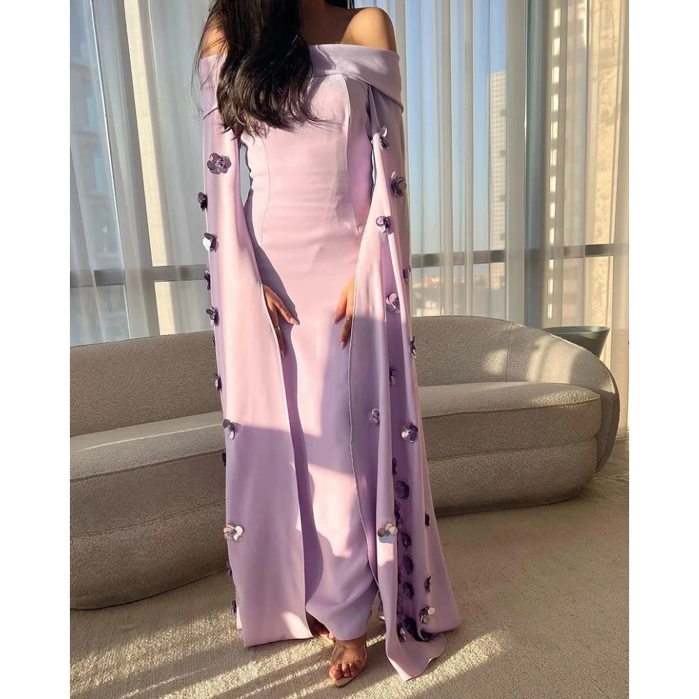 Vestido de noche lila con hombros descubiertos, personalizado, cuello Baot, lentejuelas, flores, elegante vestido de fiesta, sirena, largo hasta el suelo, vestido de fiesta
