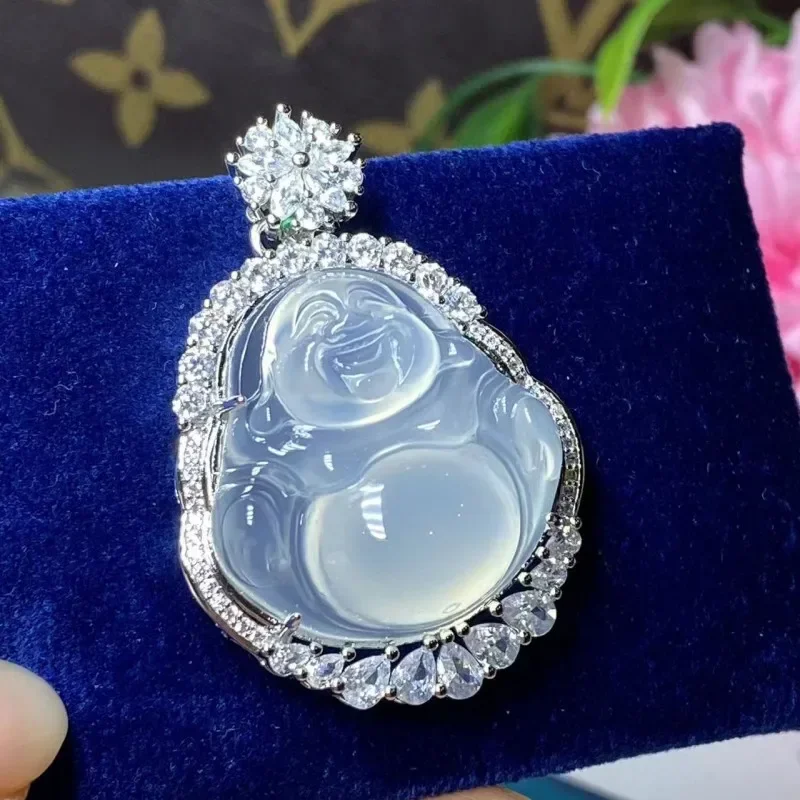 High Ice Transparent Chalcedony Buddha Pendant 925 Silver Plated Chalcedony Buddha Public Pendant White Agate Jade Buddha