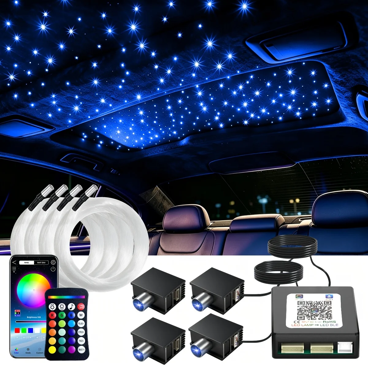 Kit Luci Cielo Stellato a Fibra Ottica RGBW DC12V 8W 1/2/4 Split con Controllo APP per Tetto Auto e Decorazione Interna Casa