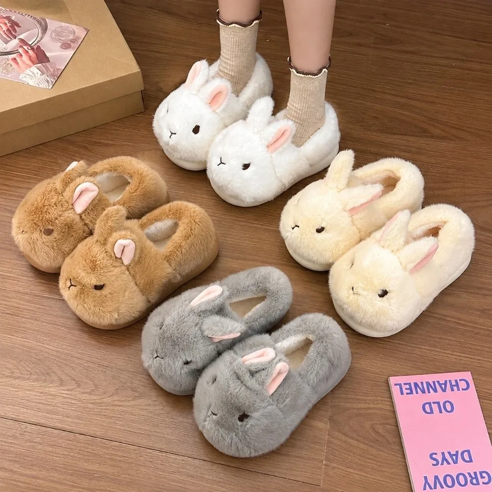 Non Slip Sole Rabbit Shape Cotton Slippers Thickened Full Back Design Fuzzy Bunny Slippers Comfortable Warm Home Slippers