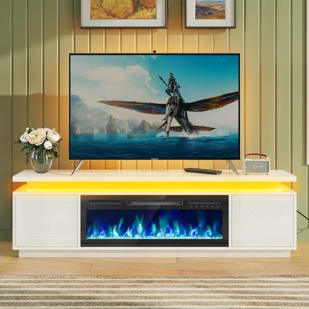 حامل تلفزيون Rolanstar Fireplace مع أضواء LED ومنافذ طاقة، حامل تلفزيون مع 30 مدفأة كهربائية، White Entertainment C