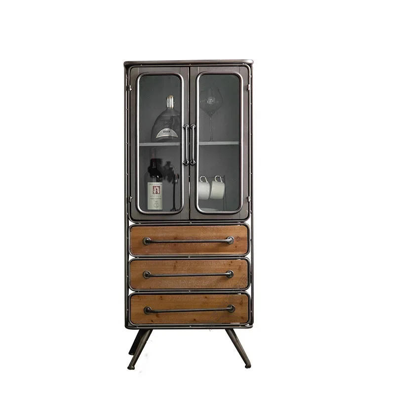 

Industrial style wrought iron wall locker solid wood tall and short bucket cabinet living room hotel dining side wine cabinet