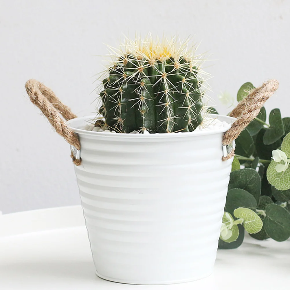 

Retro Iron Bucket Planter Decorative Rope Handles Flower Pot Tin Container Planting Balcony Indoor Decor