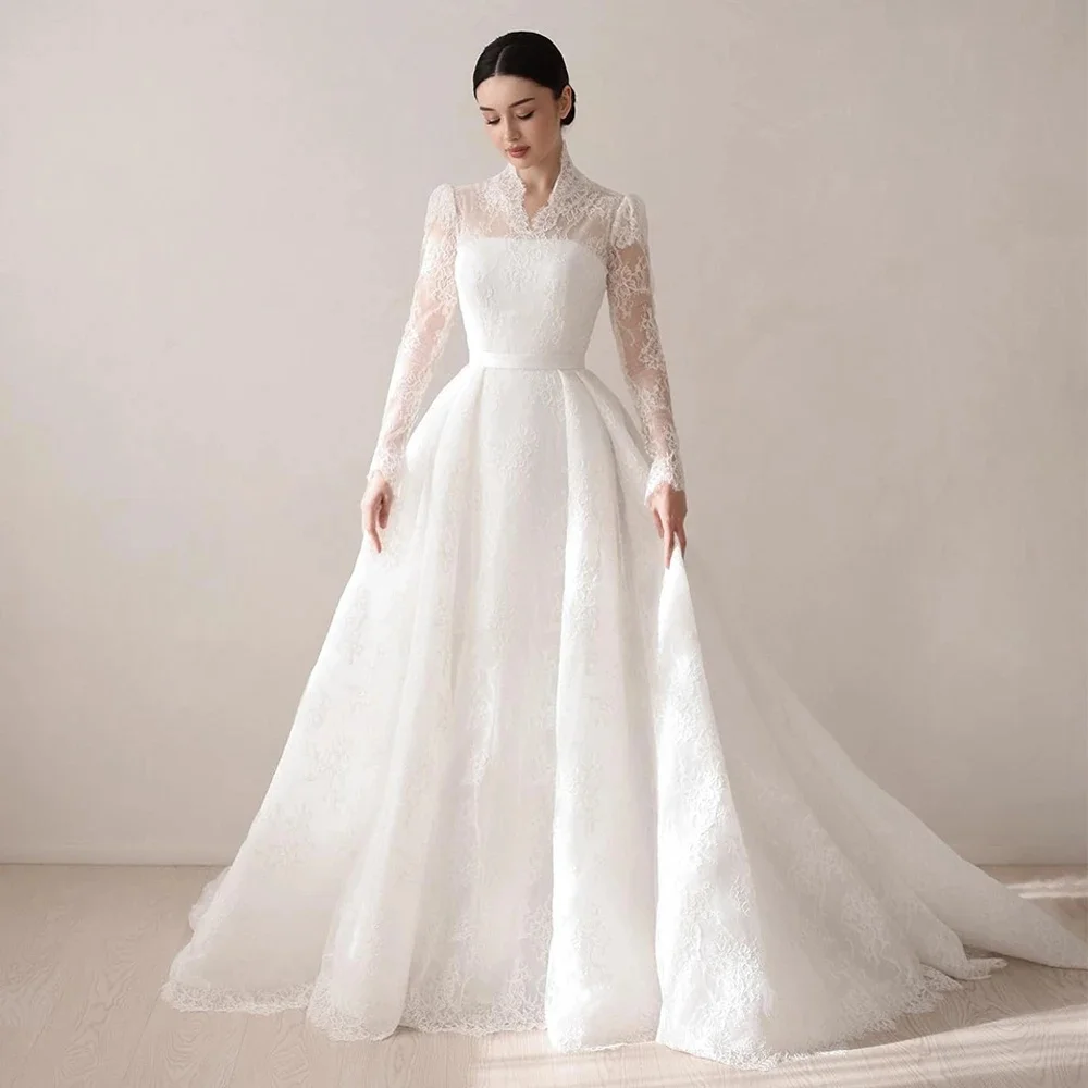 Elegant A Line Bridal Gowns 2024 High Collar Long Sleeve Sash Lace Wedding Dress Customized High Quality Princess Bride Dresses