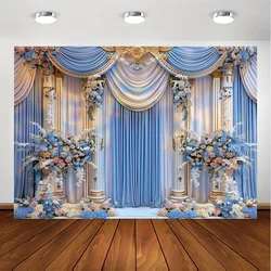 Blue and white fortress palace wedding background with colorful flowers - suitable for engagement party wedding decoration