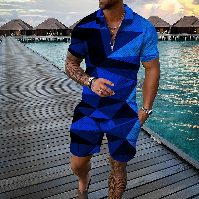 Summer 3D Digital Printed Men's 2 Piece Sets Polo Shirt Shorts Casual Short Sleeve Zipper Shirt Male Beach Trunks Men Outfit