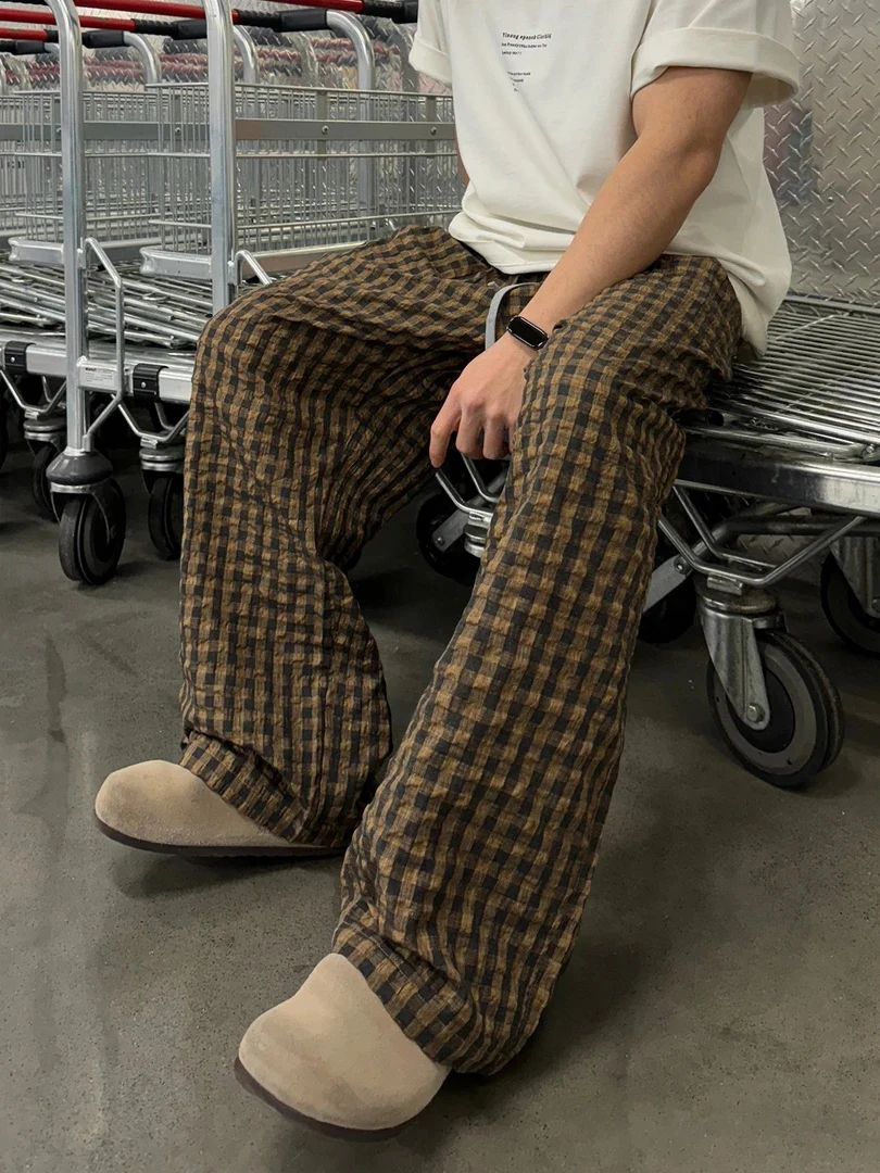 

Мужские летние повседневные брюки из хлопка в клетку, широкие, свободного кроя, в американском ретро-стиле, прямой крой