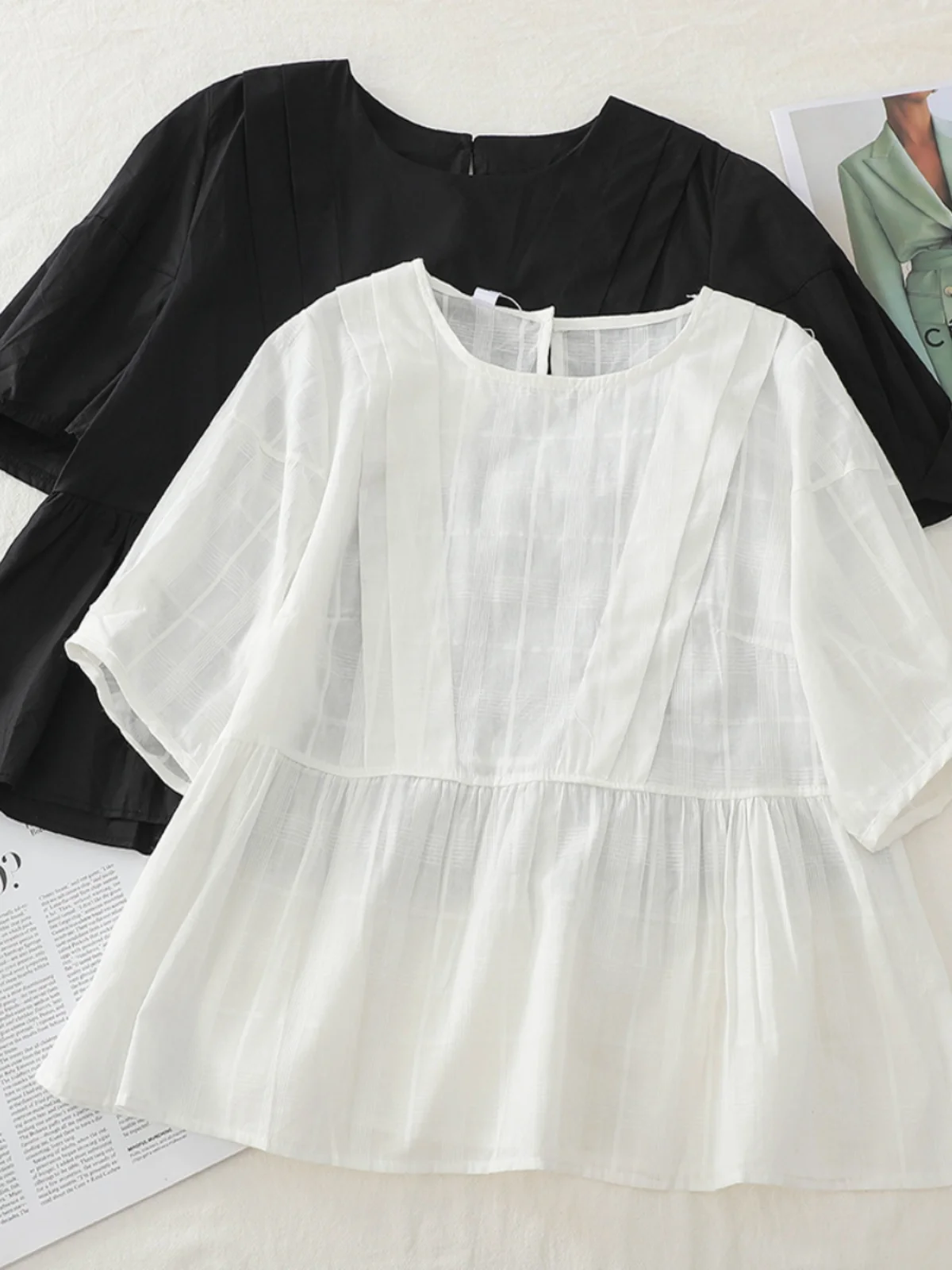 

Lightweight Cotton Linen Doll irt Loose Bubble Sve Top for Women Retro Commute Sle round Ne ort Sve Casual Blouse