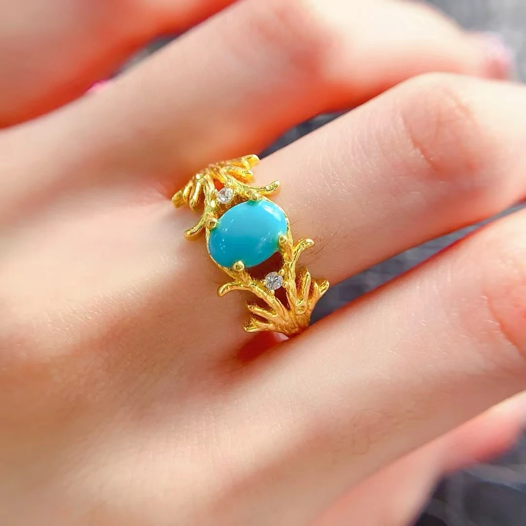 Design Style 925 Silver Turquoise Ring 5mm*7mm Natural Turquoise Powder Forming Gemstone Ring with 18K Gold Plating