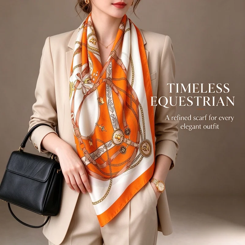 Retro Orange Belt Chain Printed Ladies Square Scarf Multi-purpose Head Wrap Bag Ribbon Fashion Accessory