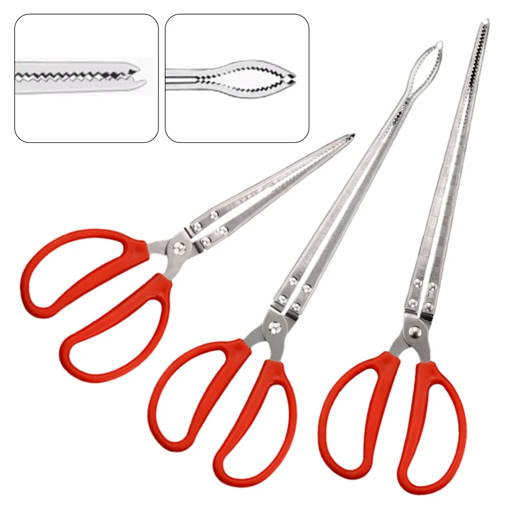 Multi-function Stainless Steel Tongs Red Handle Anti-slip Tooth Clamp of Outdoor Sea Crab Ricefield Eel Fishing Catch Tool