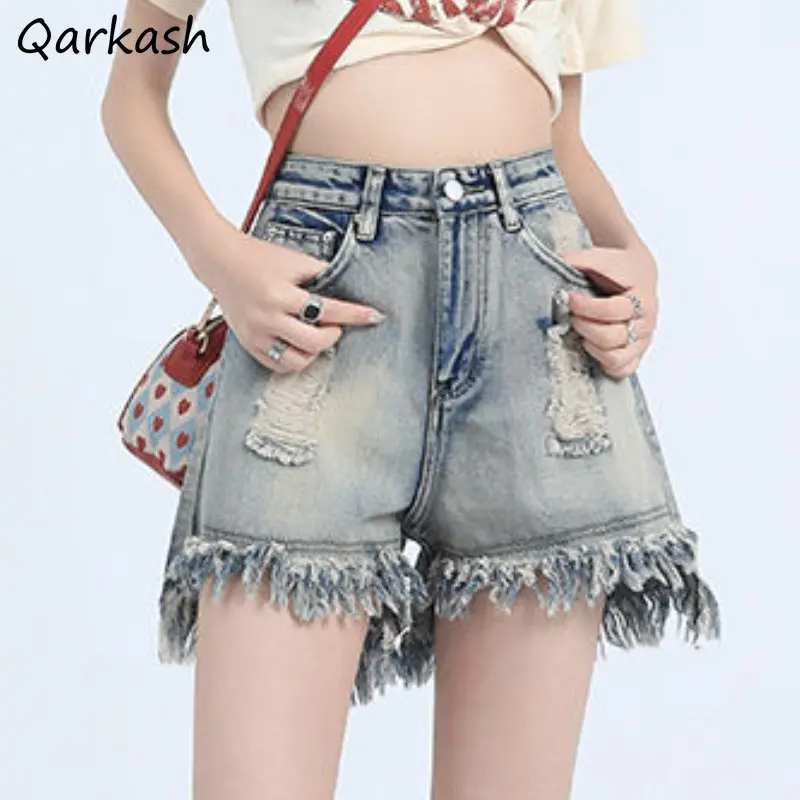 Denim Hole Shorts Women Tassel Ripped Streetwear Irregular High Waist Vintage Summer Basics Mujer Cool Sexy American Style 2023