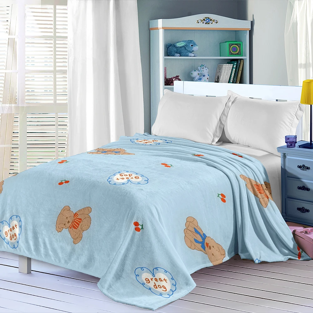 Blue Teddy Bears Cherries Lightweight Flannel Blanket Breathable Cozy Throw Blanket for Spring Summer Sofa Bed Air Conditioning