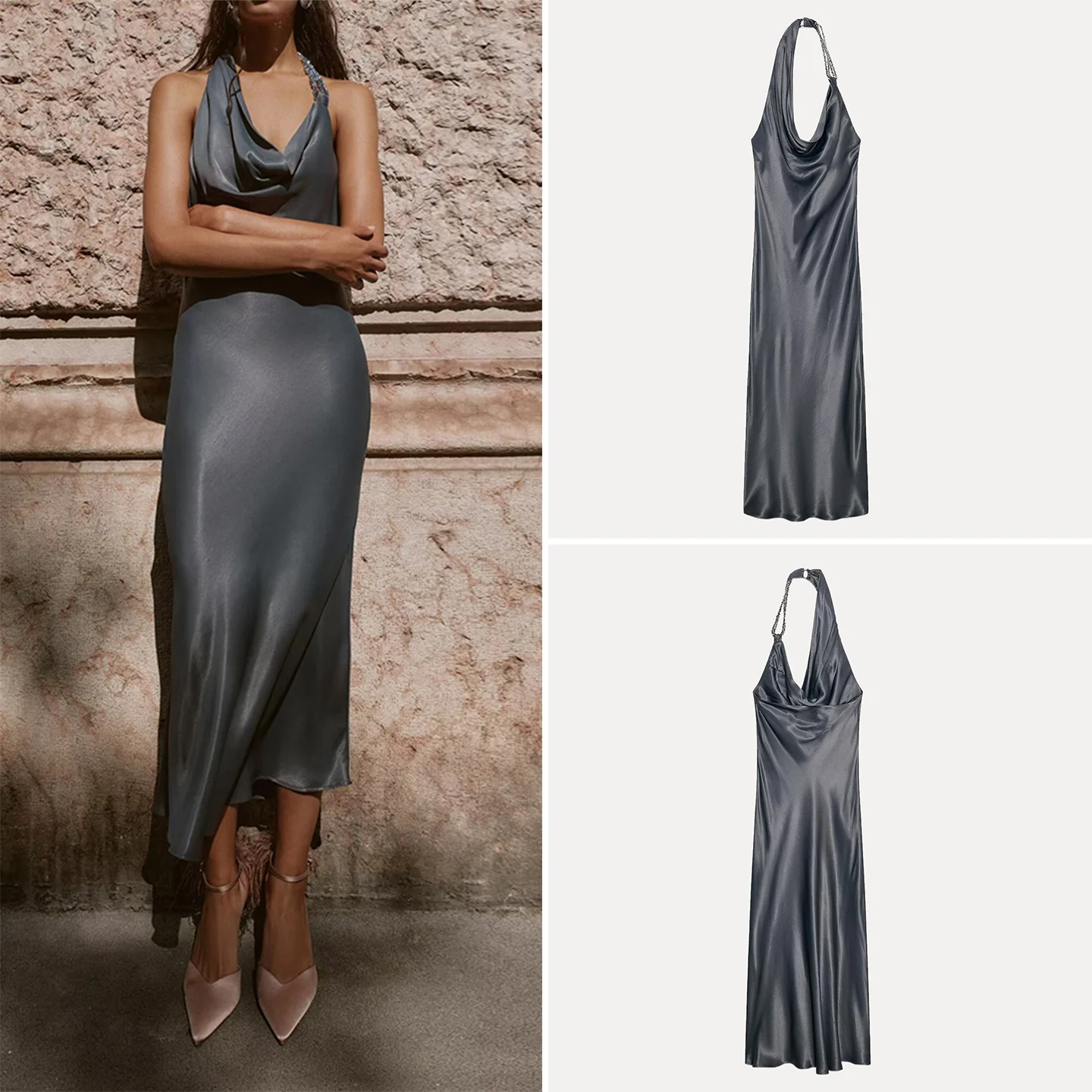 アシンメトリービーズシルクサテンミディ丈ドレス レディースファッション 秋2025 Z Svel ガウン 女性用デイリーウェア