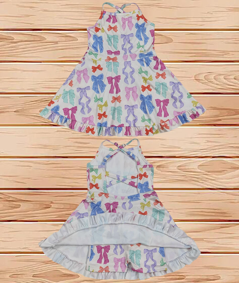 

5.24 Wholesale Western Boutique children clothing Baby Girls Strap Colorful Bows Yoga Ruffle Knee Length Dress