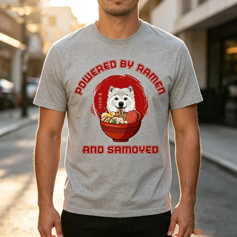 Samoyed Ramen Graphic T Shirt Cute Dog Eating Noodle Print Unisex Soft Cotton Crew Neck Short Sleeve Casual Top For Pet Lovers