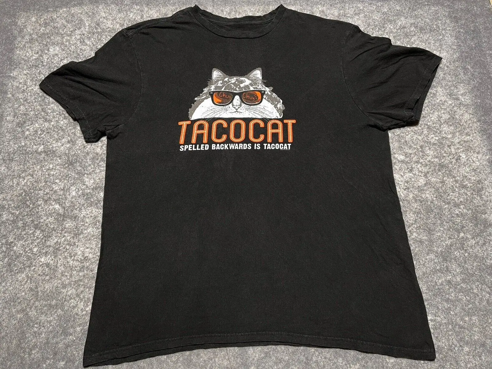 TacoCat Spelled Backward CHUY's Restaurant Tex-Mex Taco Cat Salsa Black Shirt XL