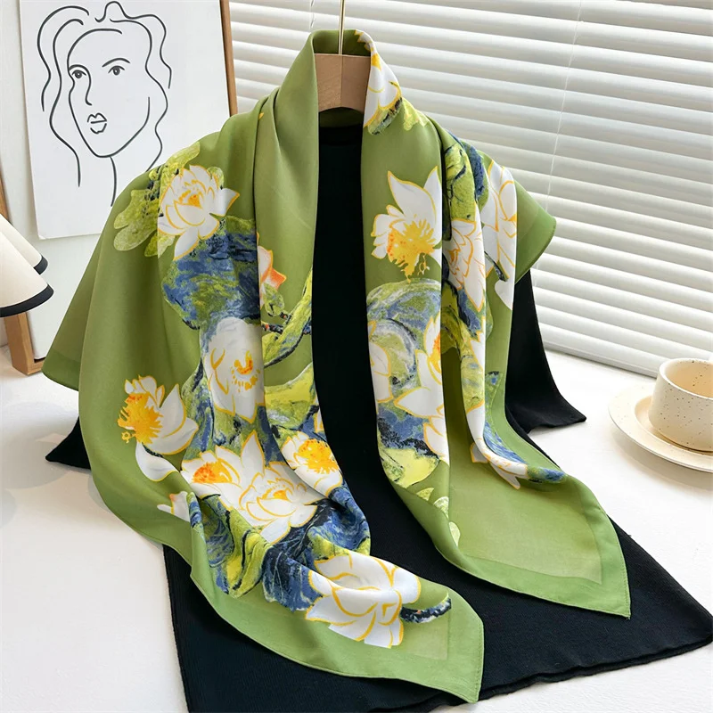 

2024 Fashion New Luxury Women Printed Scarf 90cm Lotus Large Square Scarves Twill Silk Headscarf HIjab Flower Foulard