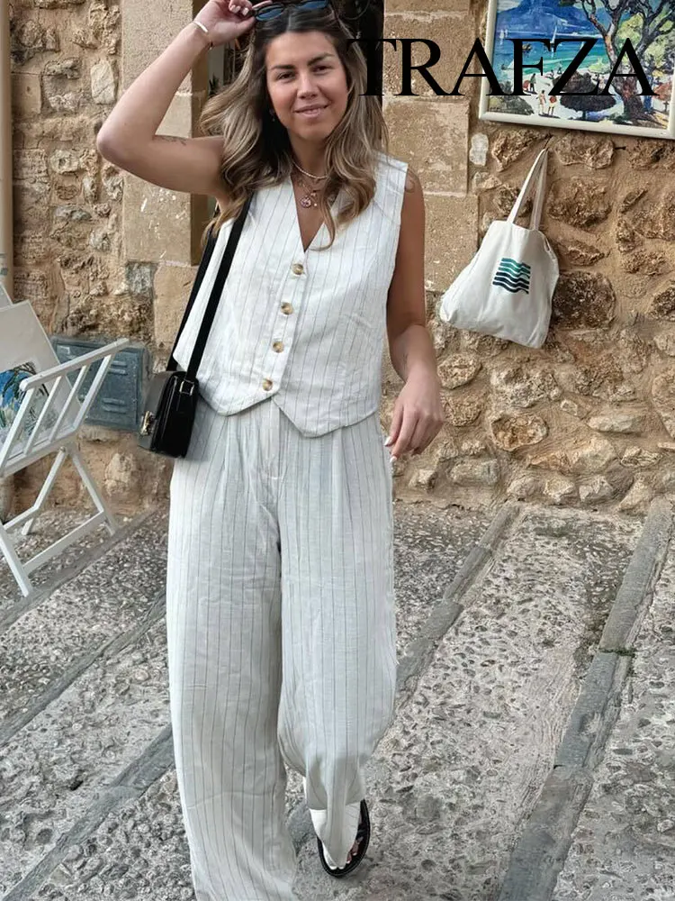 TRAFZA Set da 2 pezzi da donna in cotone e lino monopetto a righe Slim canotta + tasca Vintage con cerniera pantaloni Casual a gamba larga Traf