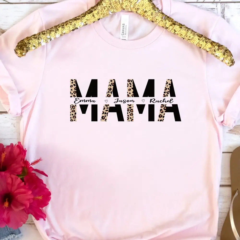 Custom Mom Shirt Mama Sweat T With Names Leopard For Her Mother'S Day Sweathirts