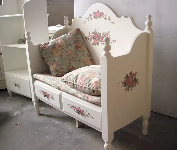 Country style solid wood Korean pastoral dining chair British hand-painted double backrest leisure chair