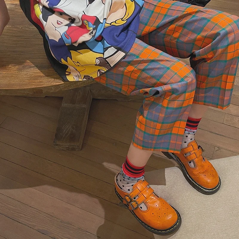 

Vimass Vintage Plaid Girls Pants High Waist Straight Leg Cotton Trousers for Busin Commute Summer 2023 Faion Trend