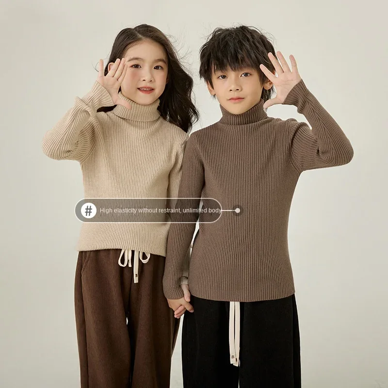 Pullovers for Kids Autumn Winter 2024 Knitted Sweater Baby Turtleneck Warm Casual All-match Boys Girls Undershirt 10 12 Years