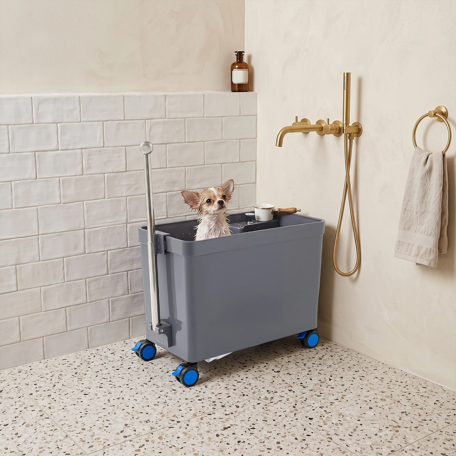 Portable Floor Mop Sink Bucket with Retractable Handle & 4 Braked Wheels, Large Capacity 53*27.5*26cm, 50 kg/110.23 lbs Load, One-Touch Drain, PP Stainless Steel, for Home Hotel Restaurant Garage Use
