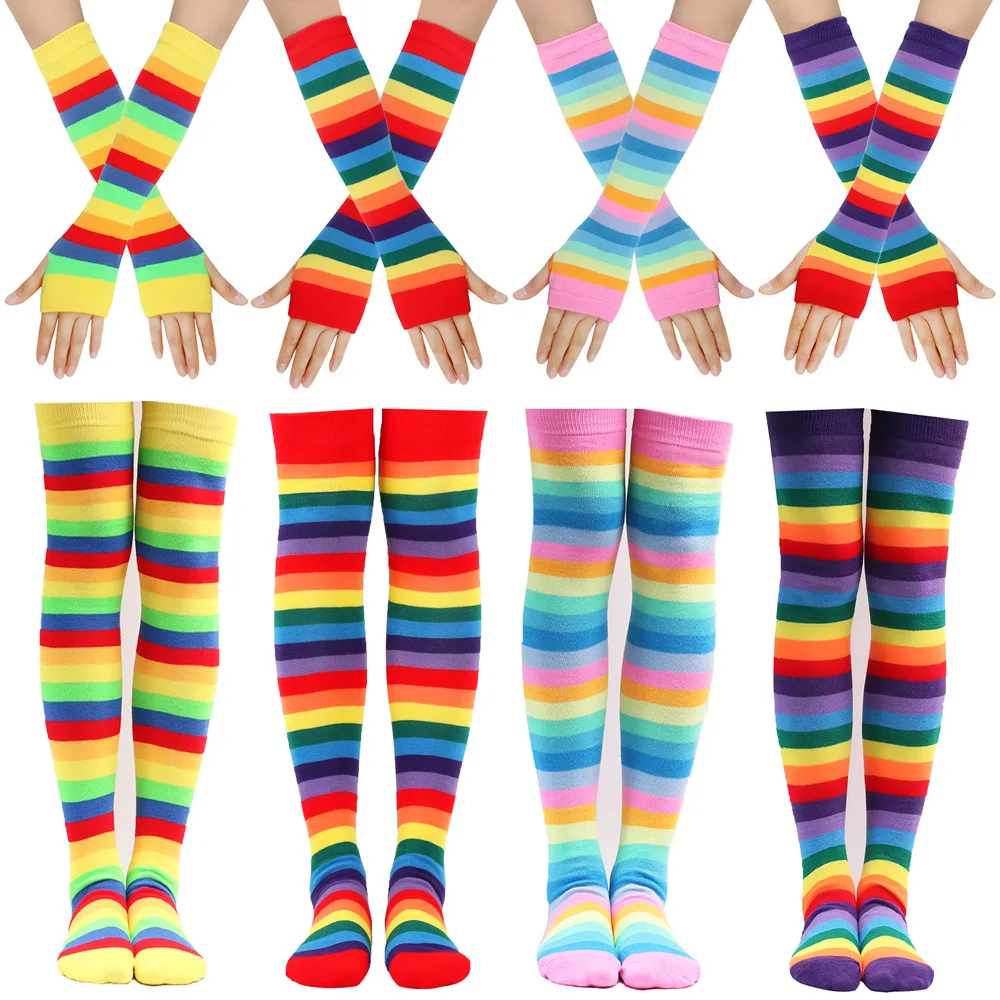 

Womens Girls Cosplay Over Knee Rainbow Thigh High Socks Gloves Set Cosplay Accessories Arm Leg Warmers for Chirstmas Party