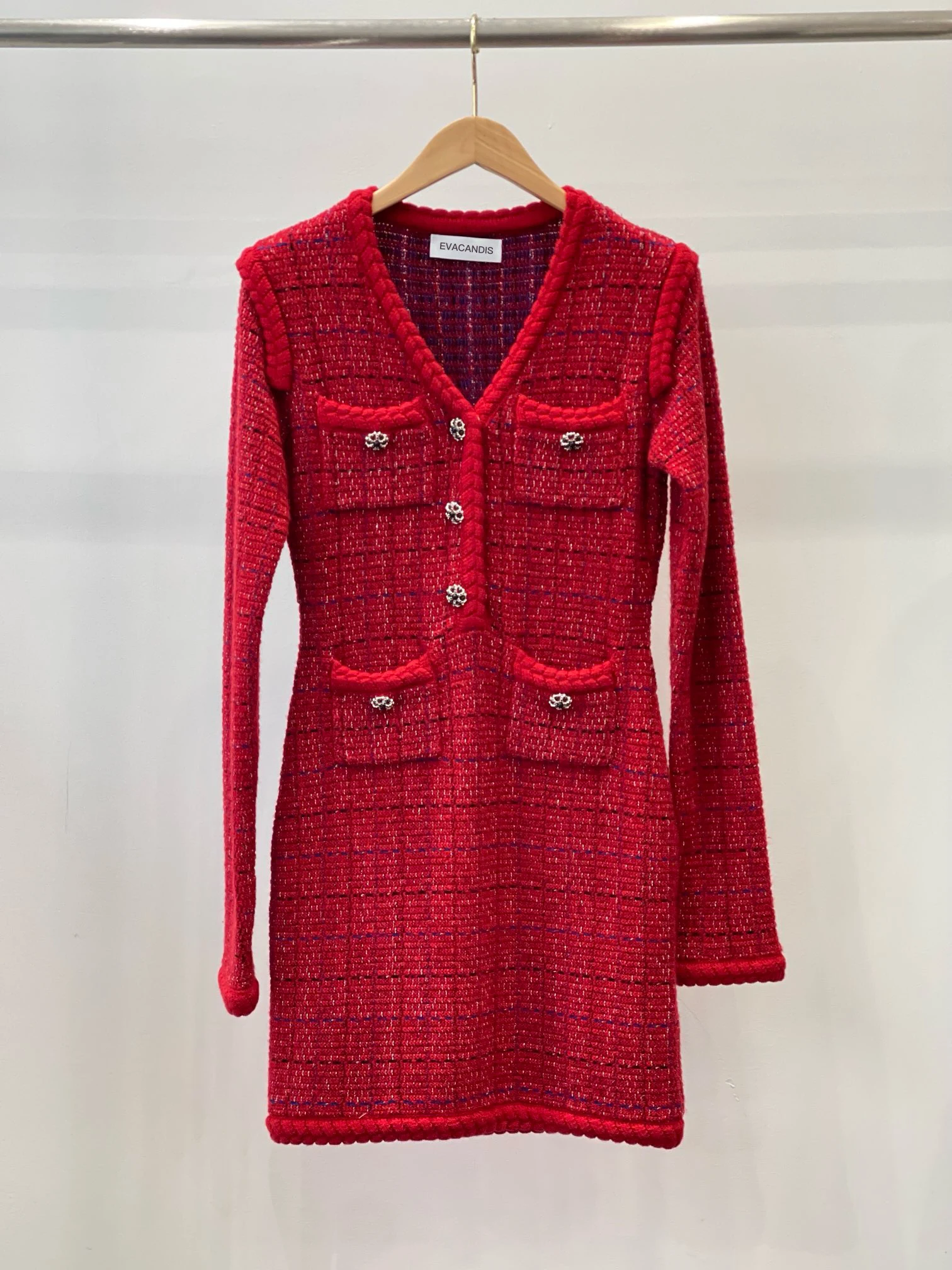 

EVACANDIS High Quality Women Autumn Winter New Red Wool Blended V-Neck Tunic Knitted Mini Dress Elegant Office Lady Vintage