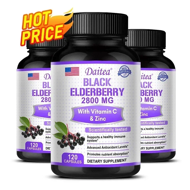 Black Elderberry 2800 Mg - with Vitamin C and Zinc, Immune System Support, Antioxidant Supplement, Skin Health Benefits