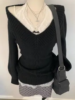 Chic Gothic Slim Sexy Knitted Sweater Soft Kint Pullover Long Sleeve Skinny Tops Y2k Design Streetwear V-neck Fairy Grunge