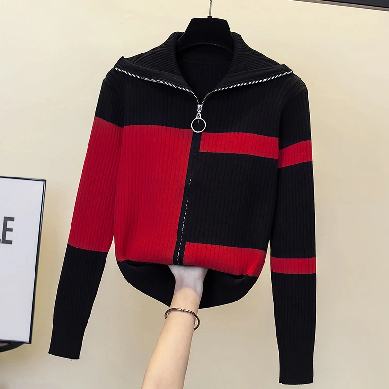 Large Size Women Cardigan Sweater Jacket V-neck Single Breasted Cardigans Striped Argyle Knitted Tops Autumn Black White Red