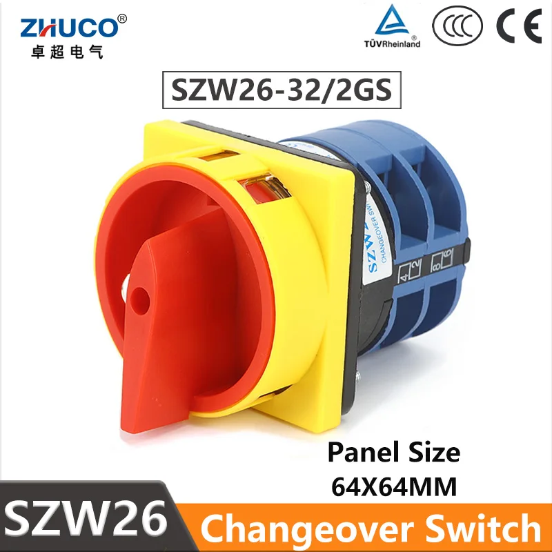 

ZHUCO SZW26-32 2GS 64X64mm Panel 2 Phase 8 Screws Terminals 32A Power Cut-off Padlock Knob Master Control Changeover Cam Switch