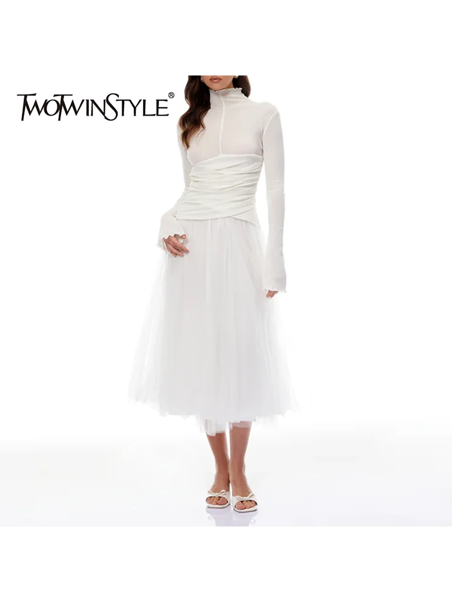 

TWOTWINSTYLE Temperament Spliced Mesh Slimming Dress for Women High Neck Long Sleeves Patchwork Shirring Dress Female Spring New