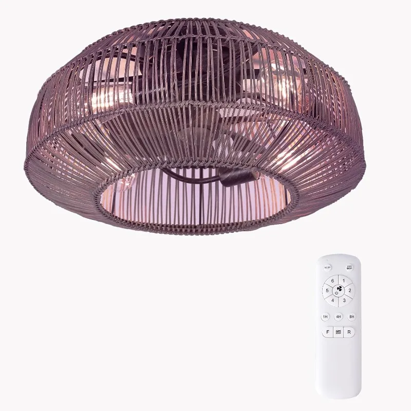 

20 Inch Flush Mount Rattan Retro Ceiling Fan with Light, 6-Speed Reversi