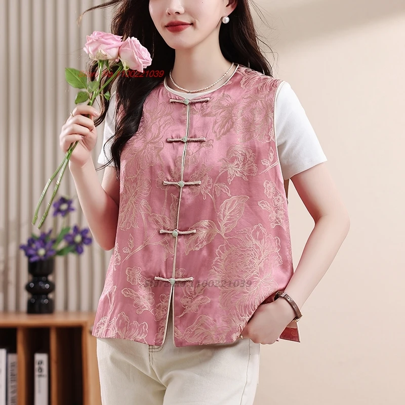 

2024 chinese vintage sleeveless jacket national satin jacquard o-neck vest traditional tang suit ethnic streetwear waistcoat