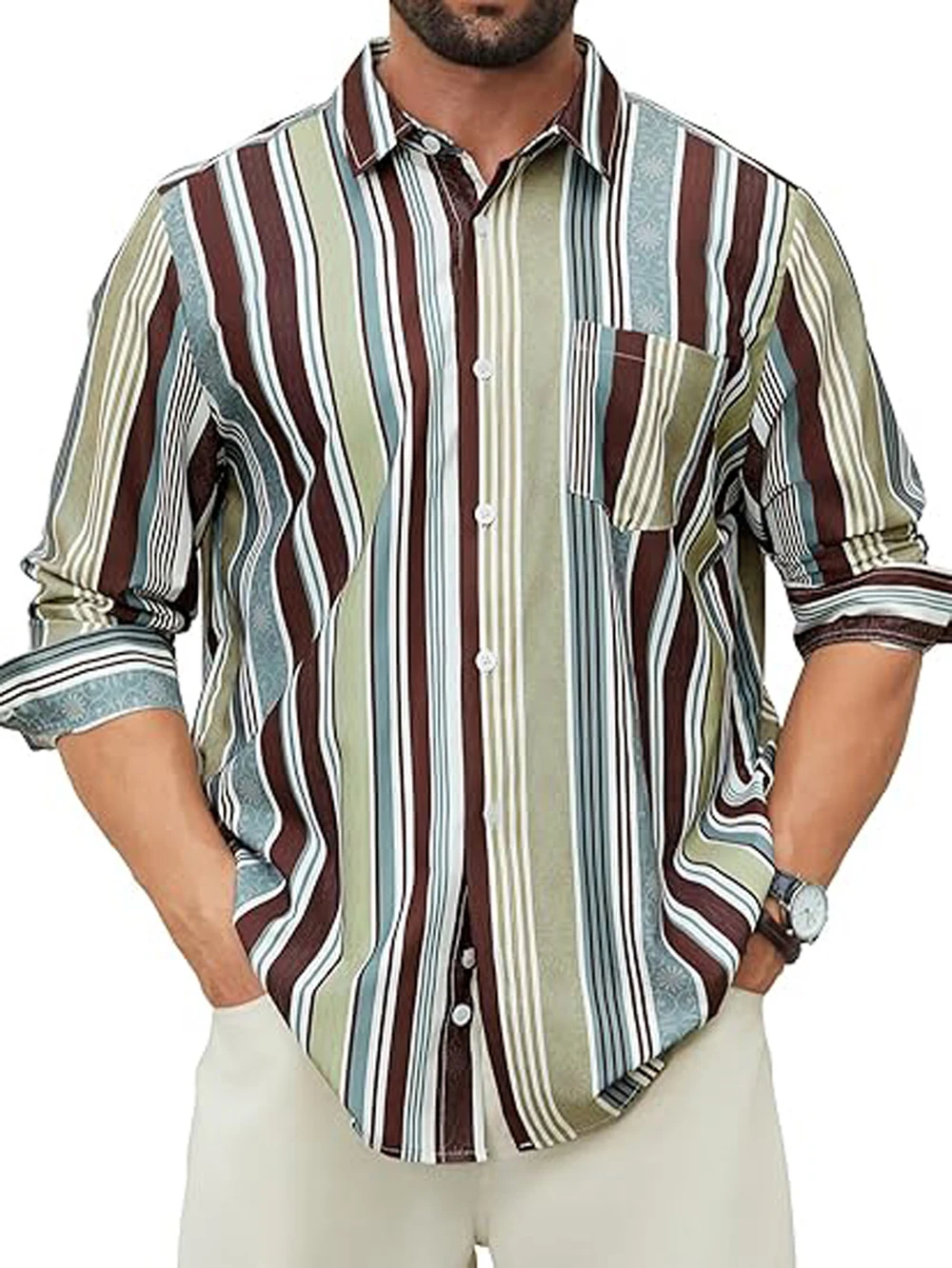 Camisa sencilla de negocios a rayas de Color claro con estampado 3D para hombre, Top informal de calle para fiesta, Top hawaiano de manga larga con botones de solapa transpirable