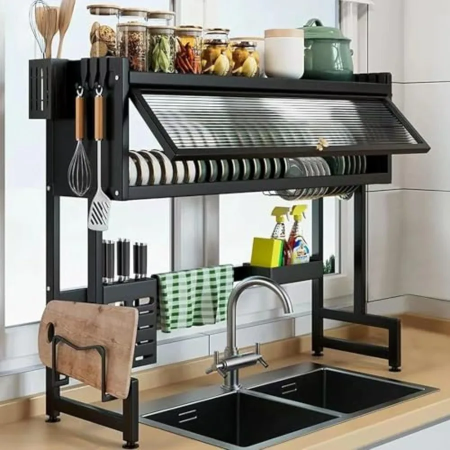 

3-Tier Over The Sink Dish Drying Rack 33.5 Space-Saving Black Dish Rack with Cover and Baskets for Small Kitchen Large Sink Sto