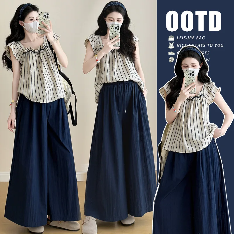 

Summer Maternity Set:Inspired Flutter Sleeve Top Drawstring Wide-Stylish Non-Belly Band Pregnancy Outfit for Petite Fashionistas