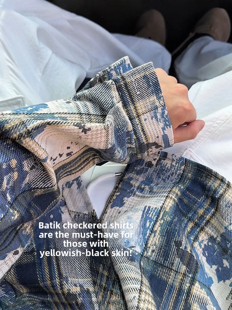 

Blue Tie Dye Plaid Men's irt Loose Long Sve Autumn Spring Heavyweight American Sle Faionable Outerwear Stand Fit