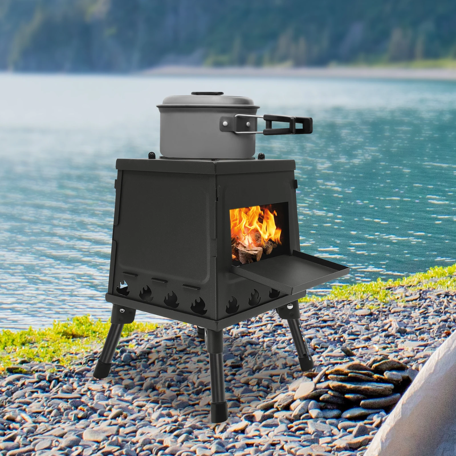 Faltbarer Holzofen, 16-Lüftungsöffnungen Holzkohle-Campingofen, Windgeschützter Holzofen für Wasserkocher, Topf oder Grill – Detail 2