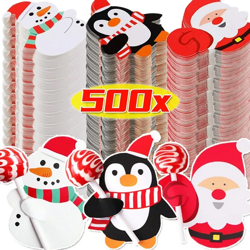 25/500PCS Christmas Lollipop Paper Cards Cartoon Santa Claus Penguin Snowman Kids Candy Gifts Package Wrapping New Year Party