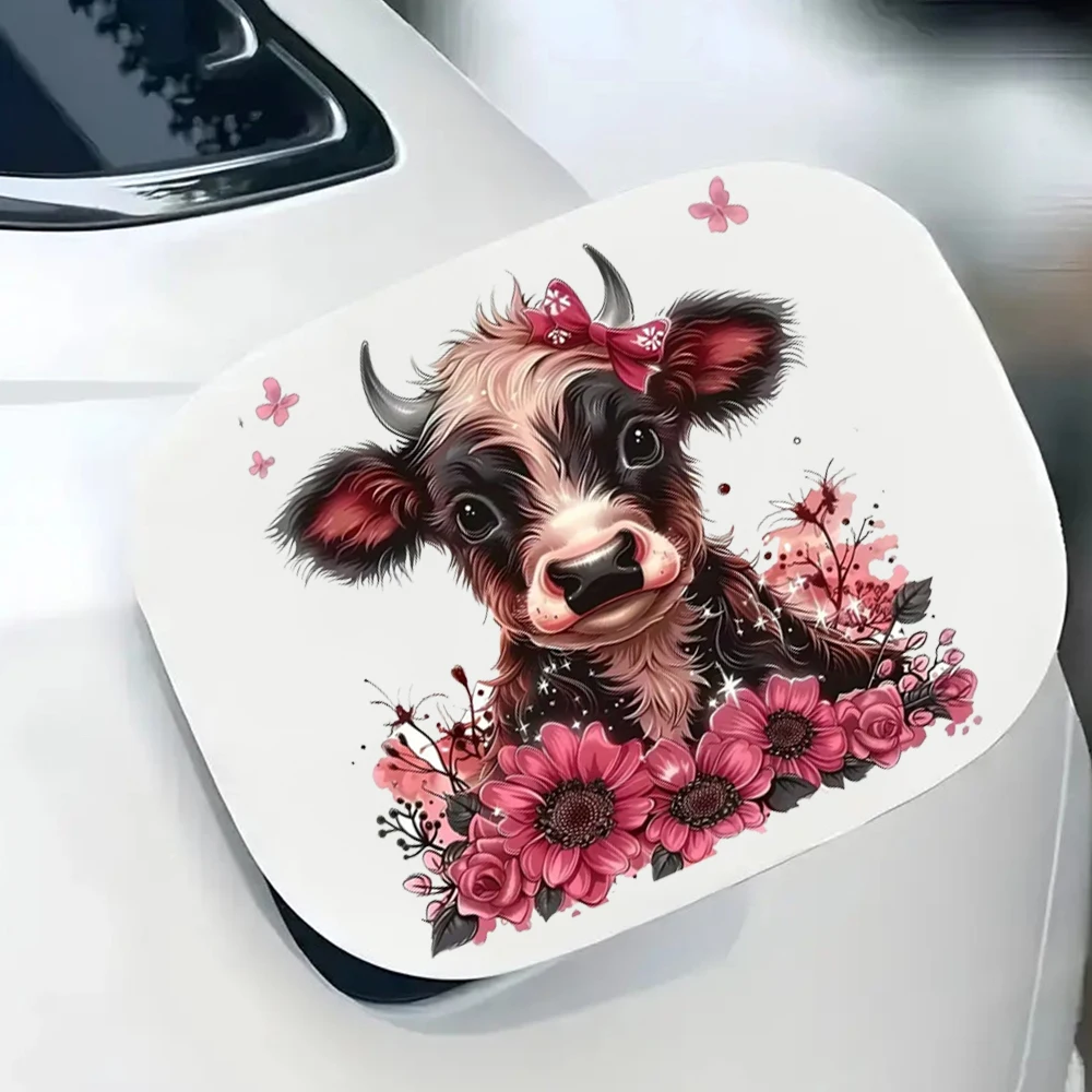 Highland Cow & Floral Vinyl Sticker, Scratch Blocking Self-Adhesive Waterproof Decal, Used for Car, Laptop, Motorcycle, Van, RV