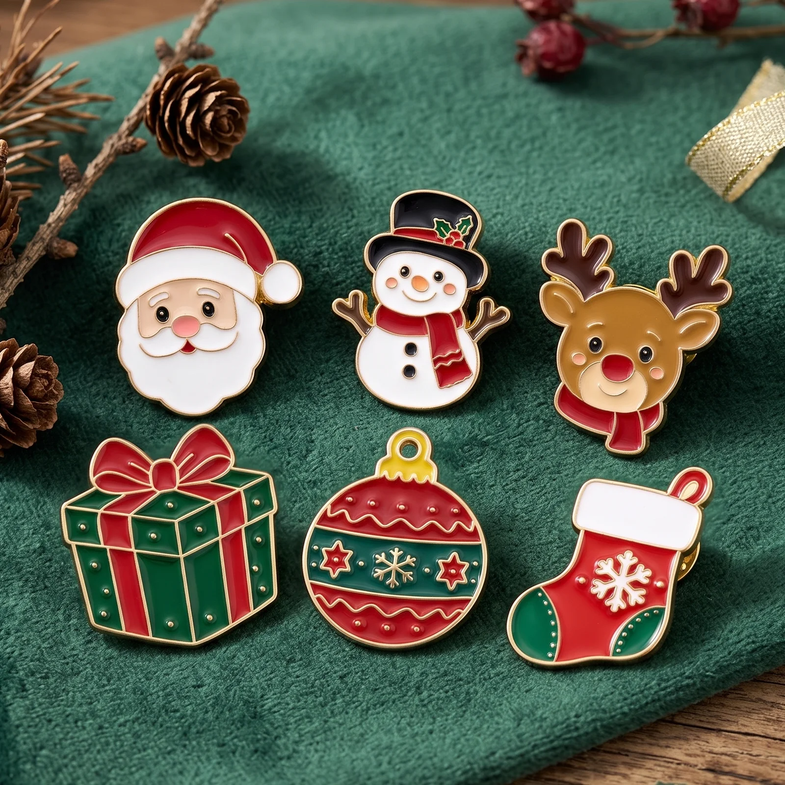 6 Piece Set Christmas Enamel Brooch Pins Set Cute Santa Claus Snowman Reindeer Xmas Badge for Women Unisex Wear Jewelry Gift