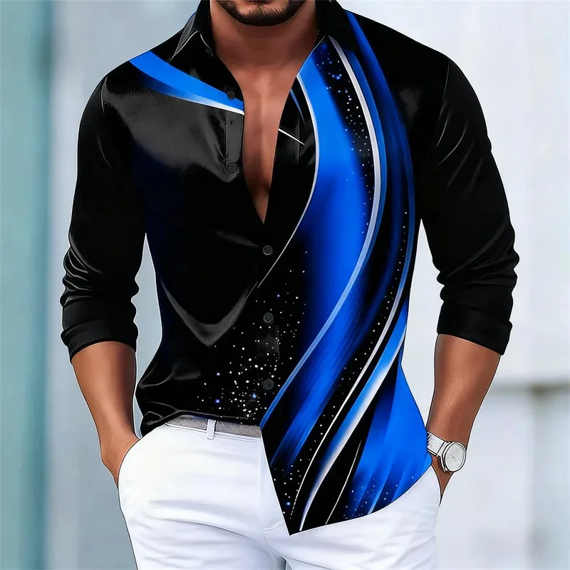 11-color men's shirts, fashionable geometric striped printed long-sleeved shirts, personalized, trendy, slim and versatile shirt