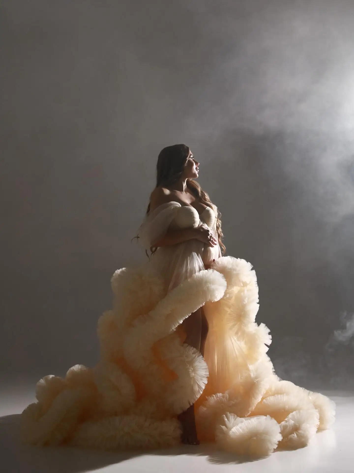 Incrível fofo babados tule vestido de maternidade photoshoot vestido de baile em camadas vestidos de chá de bebê fenda frontal inchado vestido de tule adereços